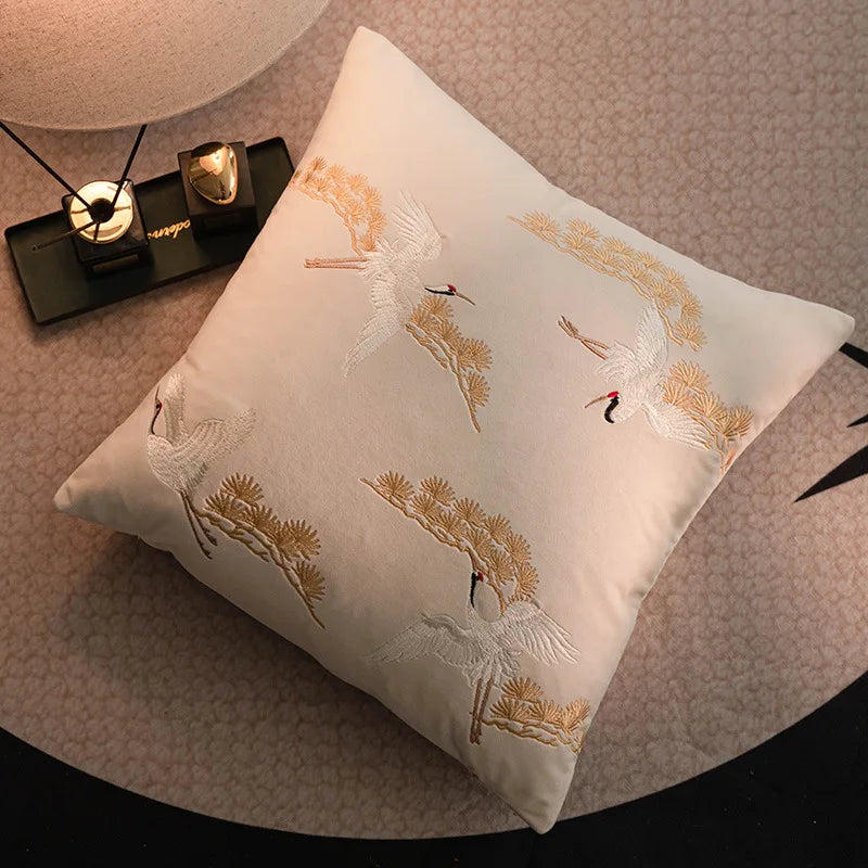 Norwegian Crane Cushion Cover with Embroidered Design for a Stylish Interior