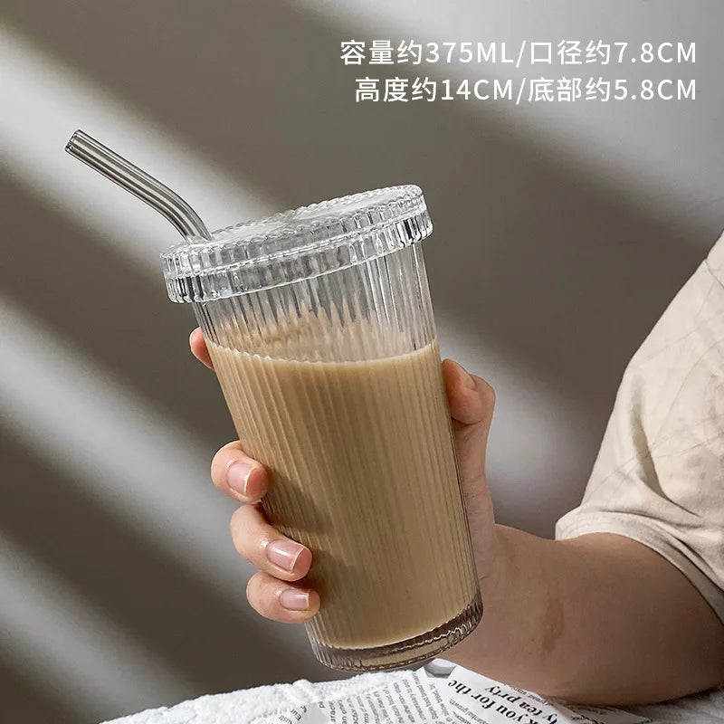 Glass Straw Cup Set – Japanese Style Coffee Tea Milk Cup with Lid