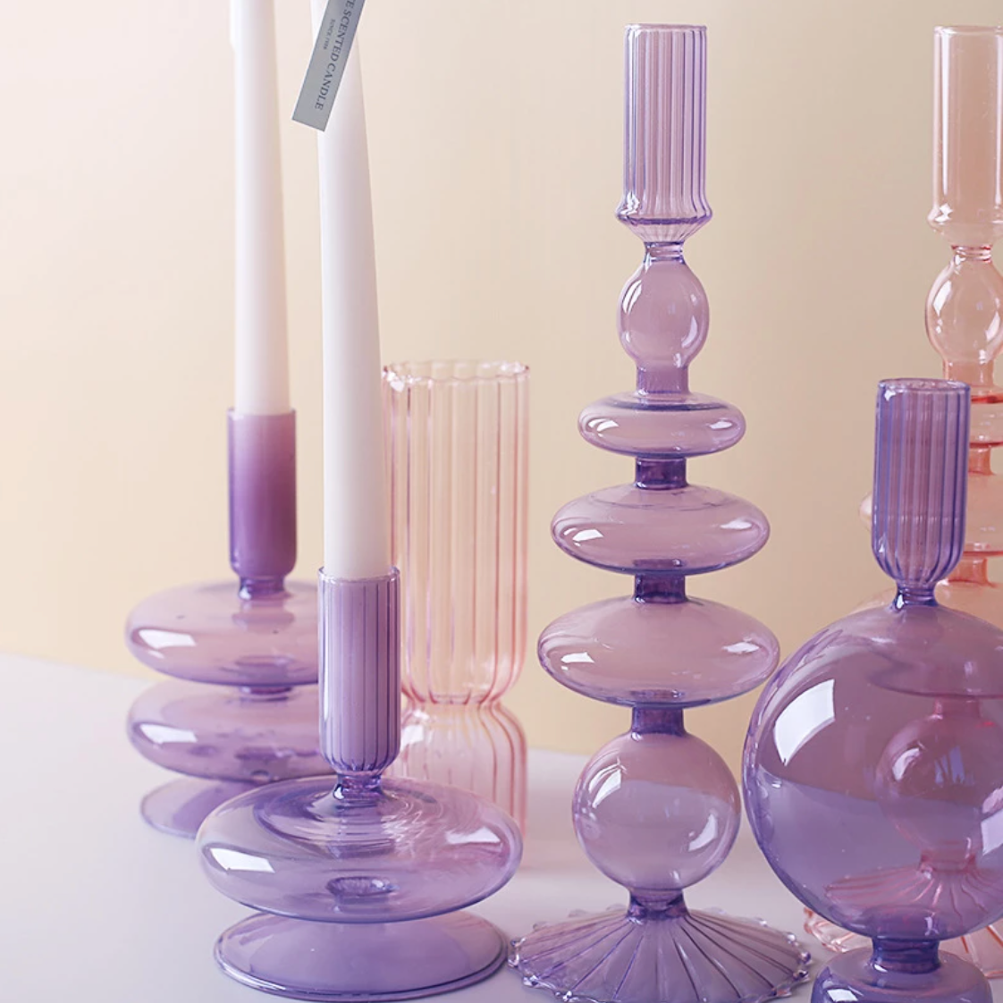 Lilac Glass Candle Holders - Refined Decorative Glass Holders in Lilac Colour