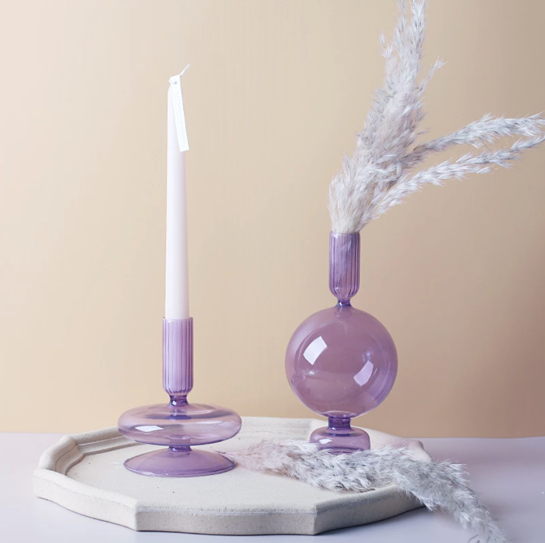 Lilac Glass Candle Holders - Refined Decorative Glass Holders in Lilac Colour