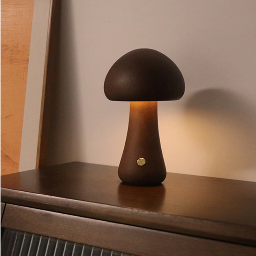 VerdaMuse Wireless Table Lamp with Wood Effect and Mushroom Shape - Compact and Convenient