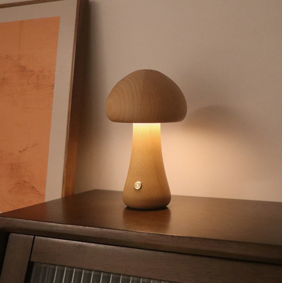 VerdaMuse Wireless Table Lamp with Wood Effect and Mushroom Shape - Compact and Convenient