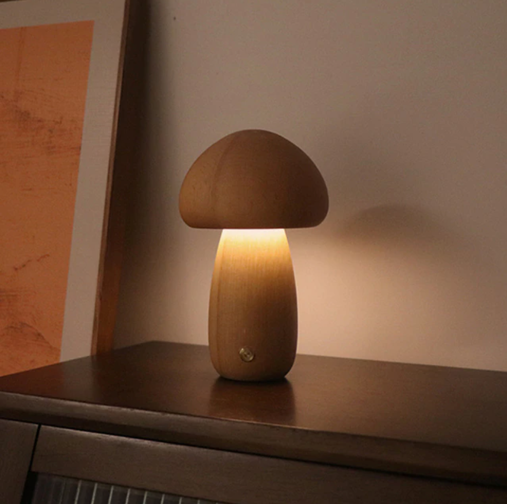 VerdaMuse Wireless Table Lamp with Wood Effect and Mushroom Shape - Compact and Convenient