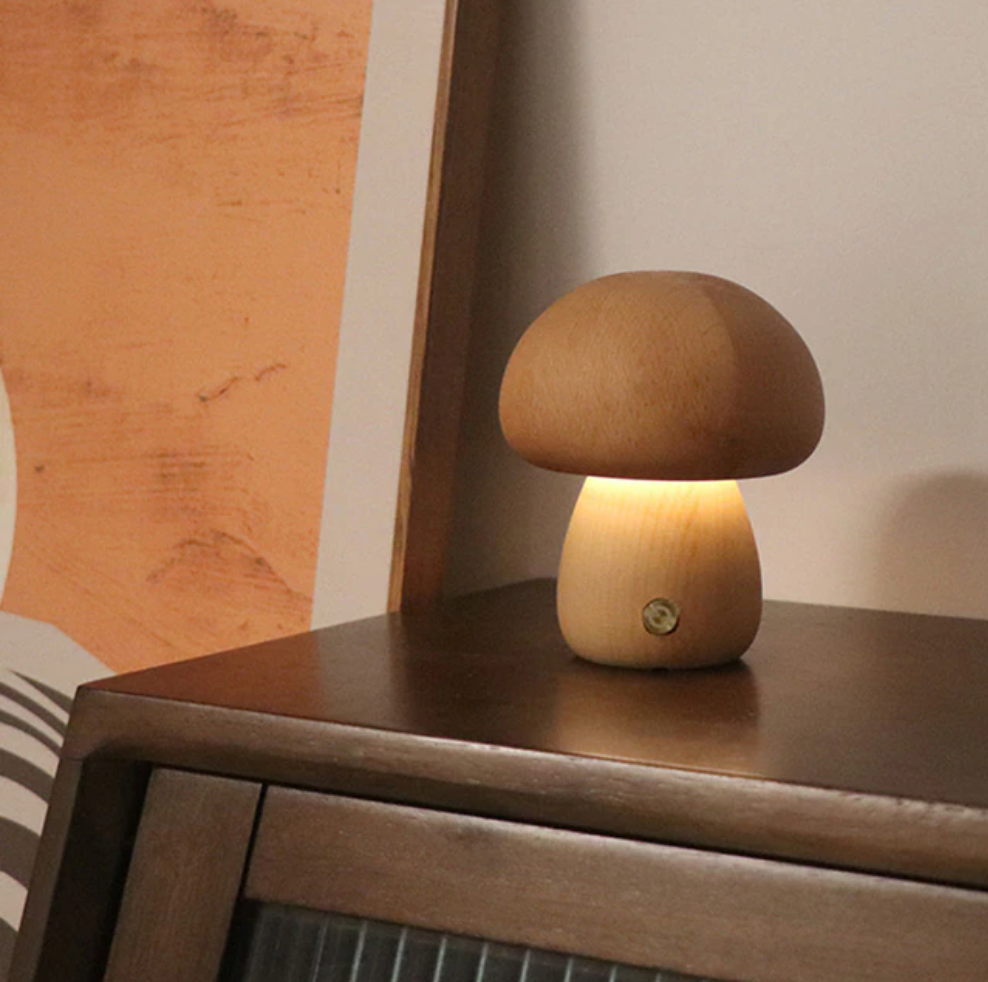 VerdaMuse Wireless Table Lamp with Wood Effect and Mushroom Shape - Compact and Convenient