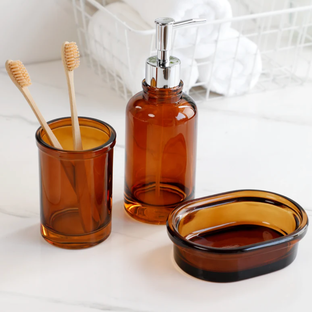 Glass 4-Piece Bathroom Set - Stylish Storage Solution, Toothbrush & Soap