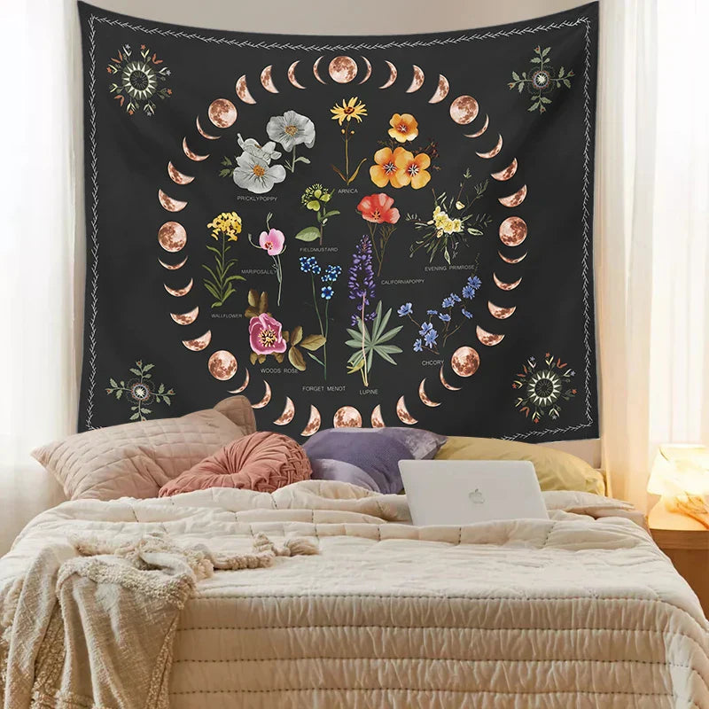 Norwegian botanical wall tapestry with flowers and moon phases - For bedroom or living room