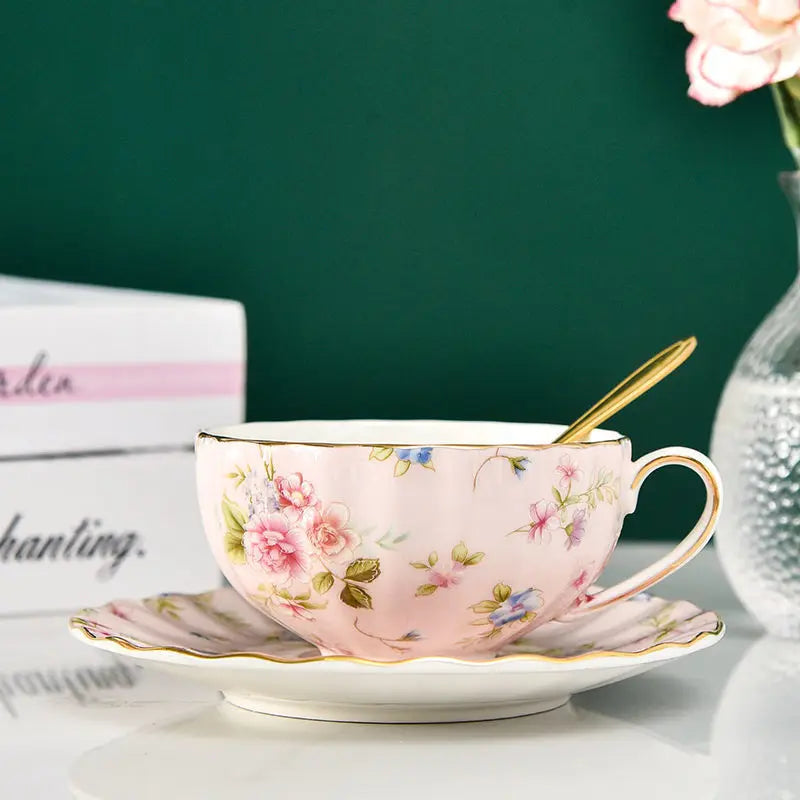 Elegant Floral Tea Cup Set with Spoon and Saucer