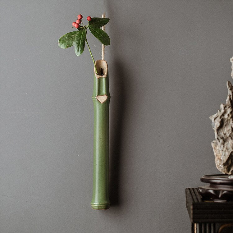 ZenFlo Hanging Vase - Ceramic Bamboo Elegance for Dried Flowers