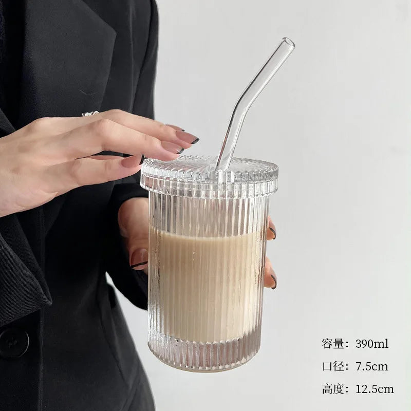 Glass Straw Cup Set – Japanese Style Coffee Tea Milk Cup with Lid