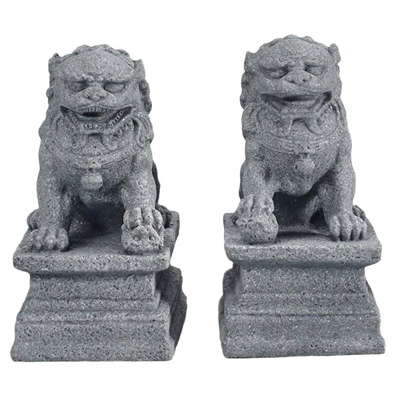 Set of Chinese Stone Lions - Mini Decoration for Home and Garden with Feng Shui Symbolism