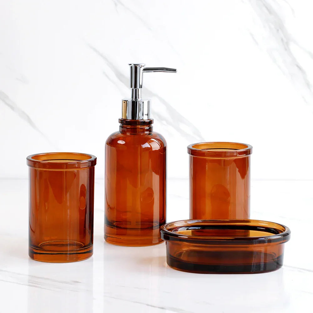 Glass 4-Piece Bathroom Set - Stylish Storage Solution, Toothbrush & Soap