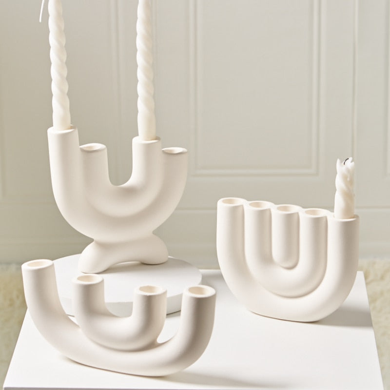 Off White Curved Ceramic Candle Holder - Modern Sculptural Candle Holders