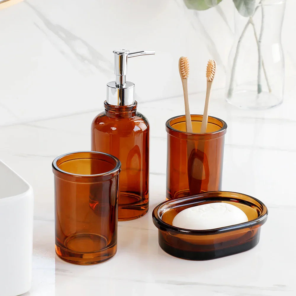 Glass 4-Piece Bathroom Set - Stylish Storage Solution, Toothbrush & Soap