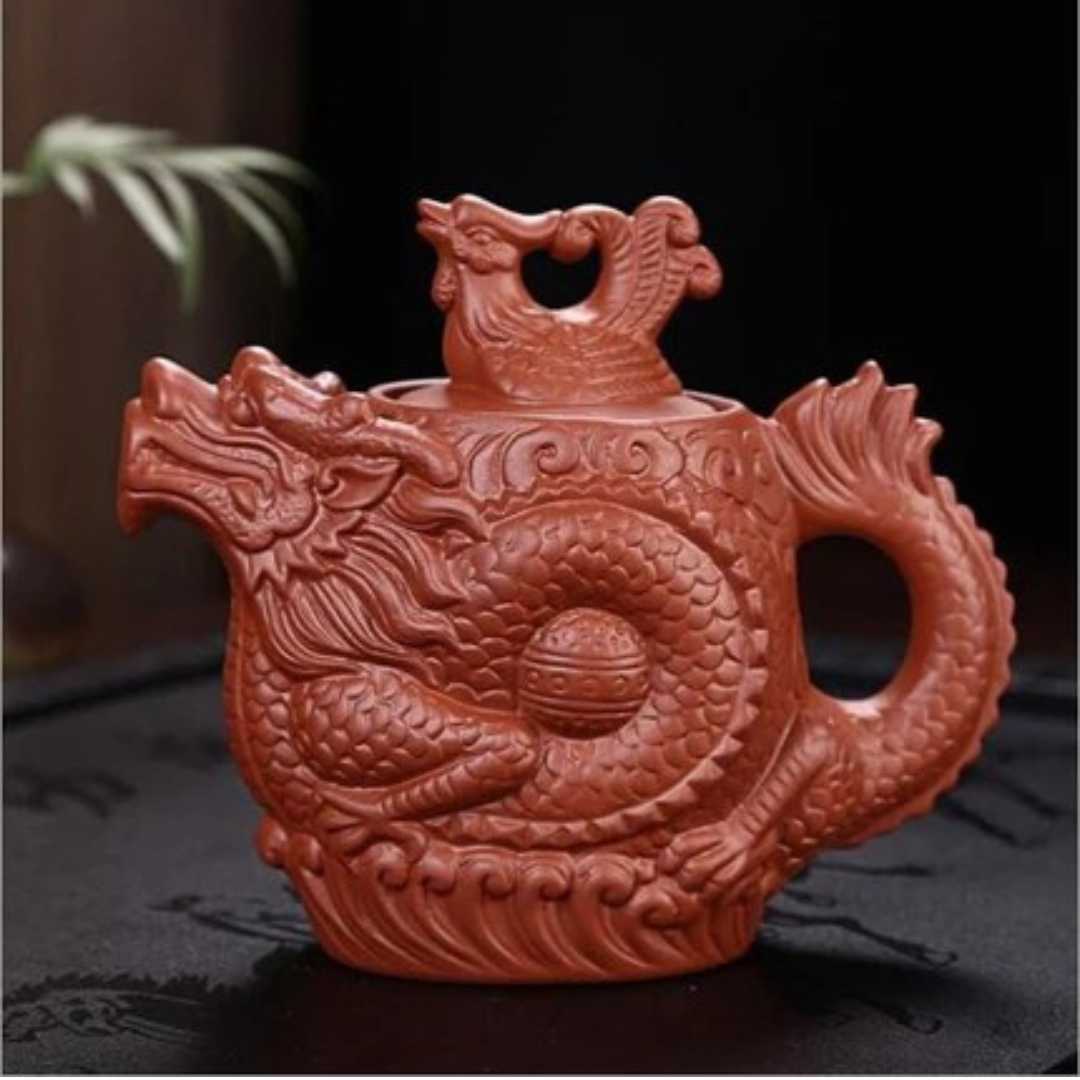 Purple Clay Tea Set with Dragon and Phoenix - Includes Large and Small Teapot