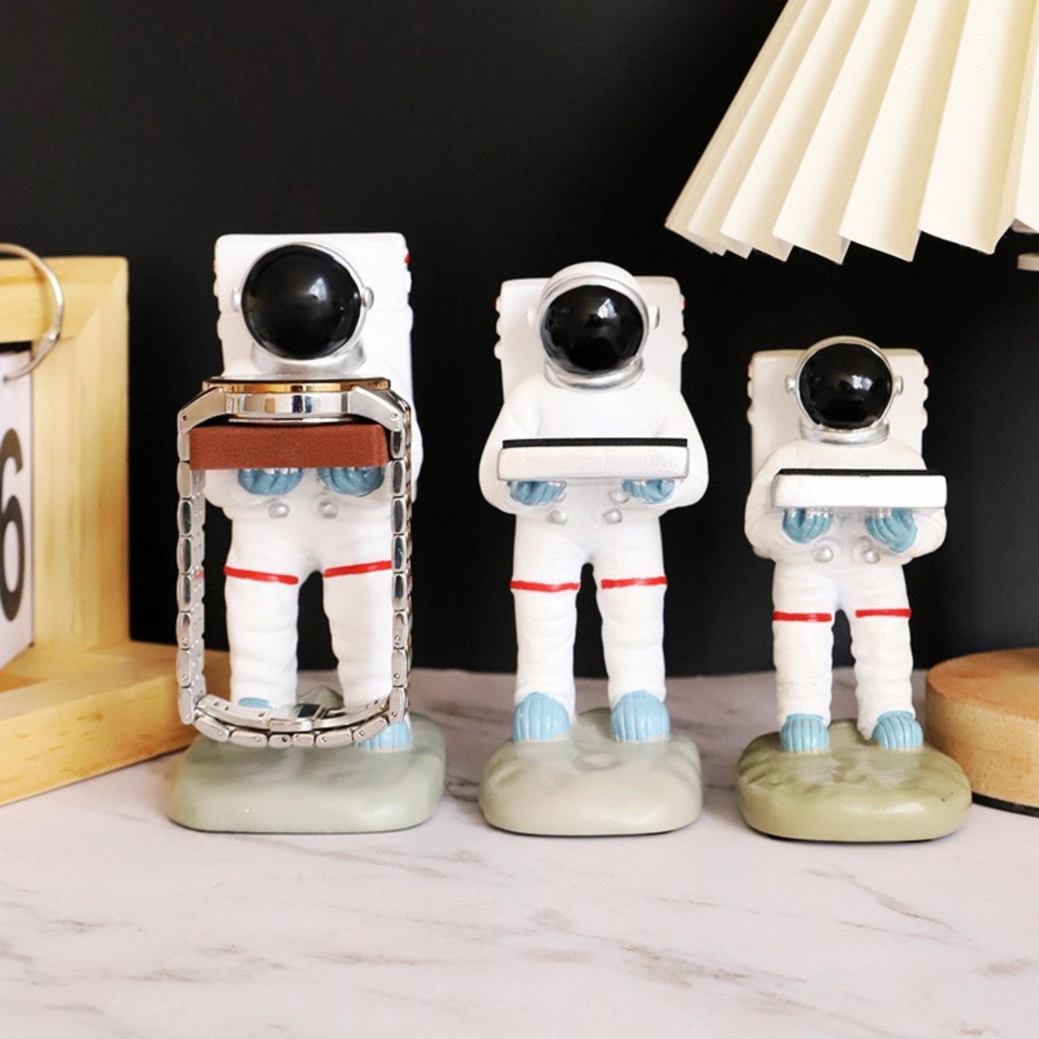 Space-themed holder for watch and glasses – Hand-painted astronaut figurine