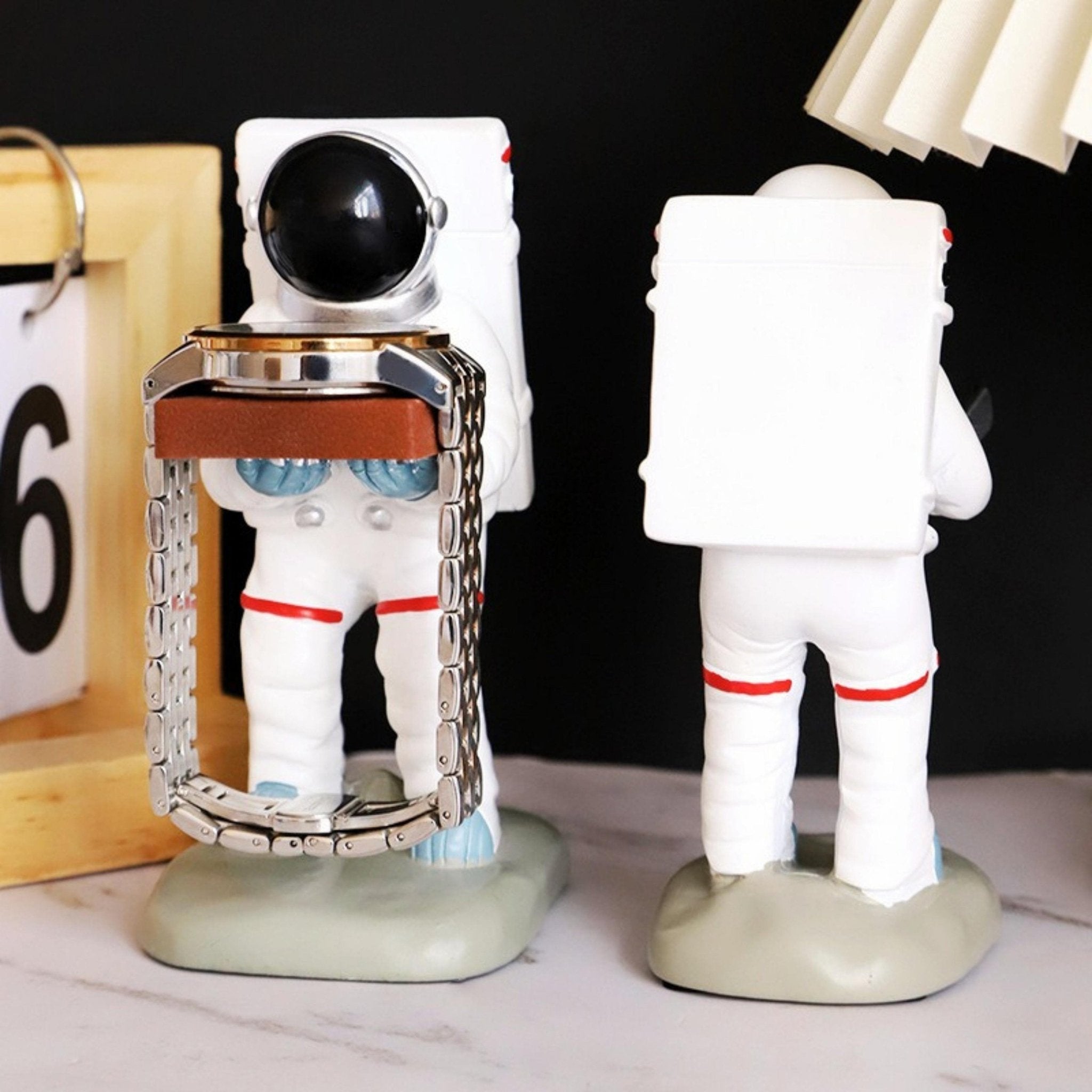 Space-themed holder for watch and glasses – Hand-painted astronaut figurine