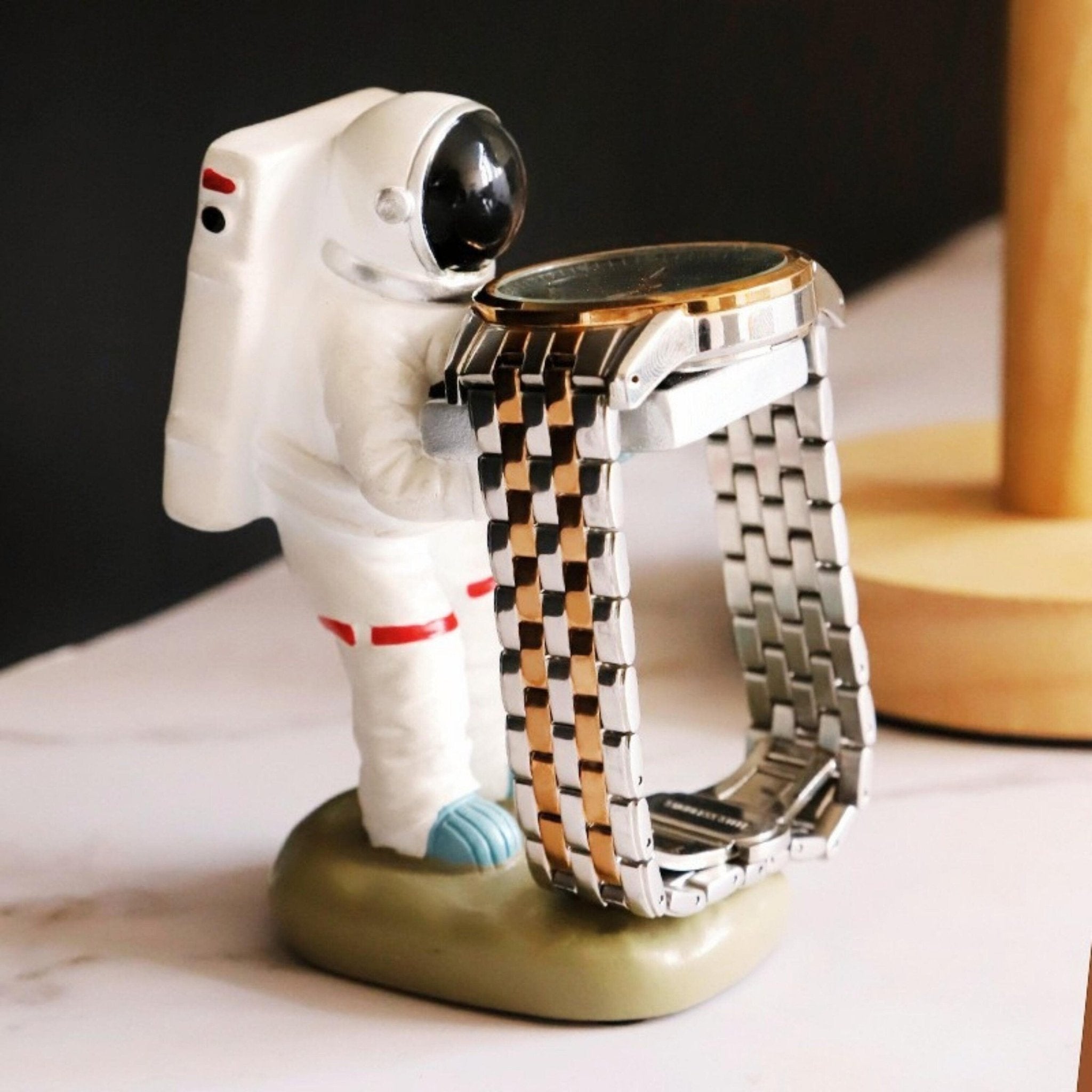 Space-themed holder for watch and glasses – Hand-painted astronaut figurine