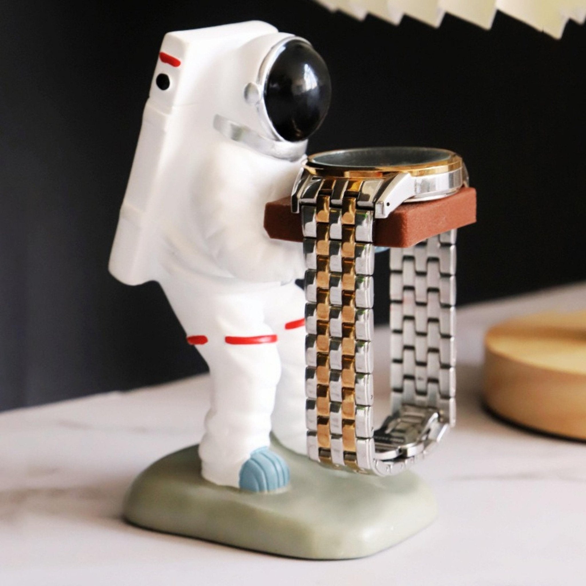 Space-themed holder for watch and glasses – Hand-painted astronaut figurine