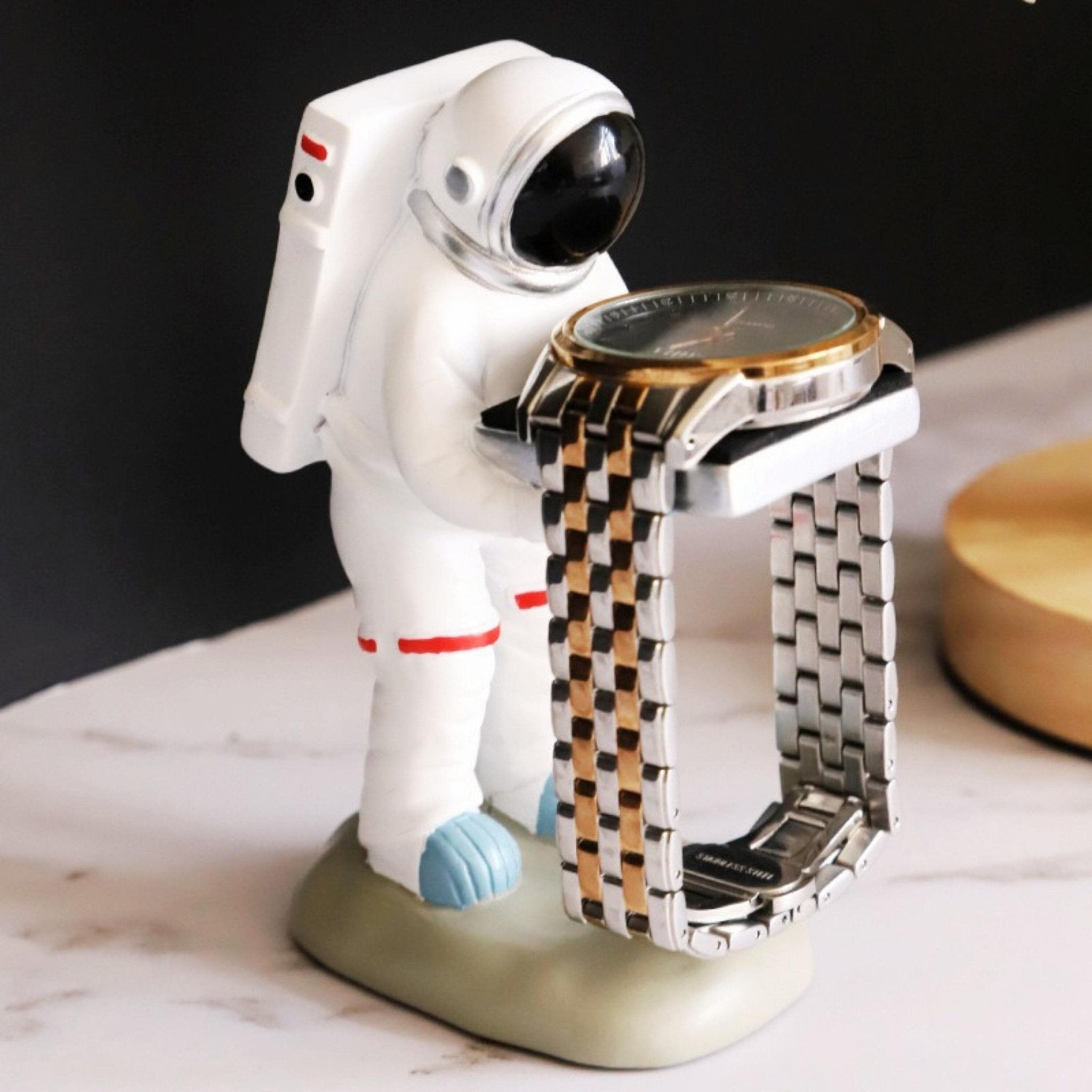 Space-themed holder for watch and glasses – Hand-painted astronaut figurine