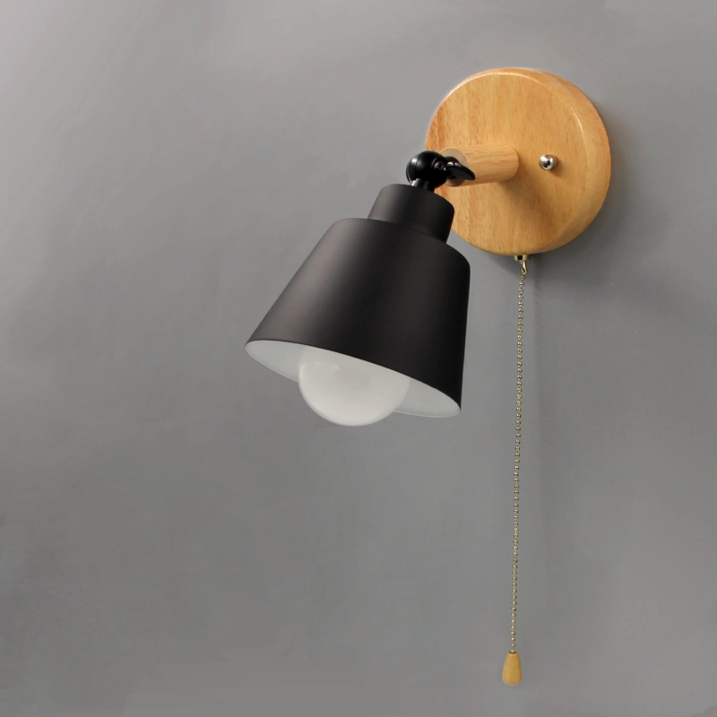 Wooden Wall Lamp with Pull Switch - Minimalist Design for Bedroom and Living Room