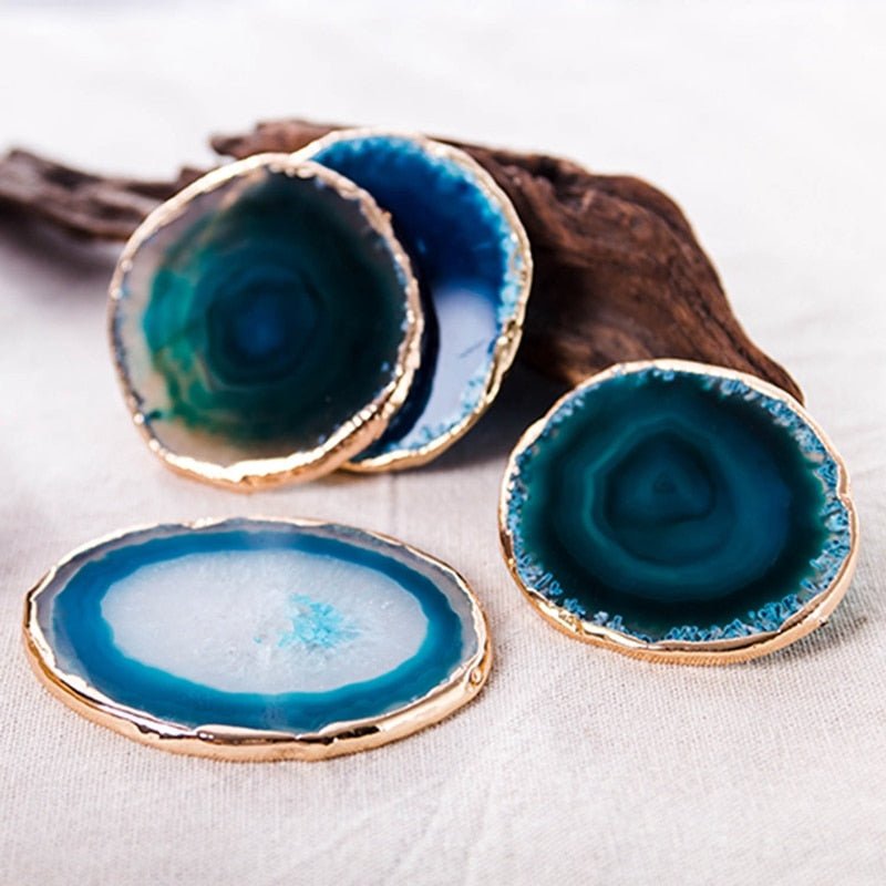 Blue Natural Stone Coasters – Set of 2 with Gold Edge