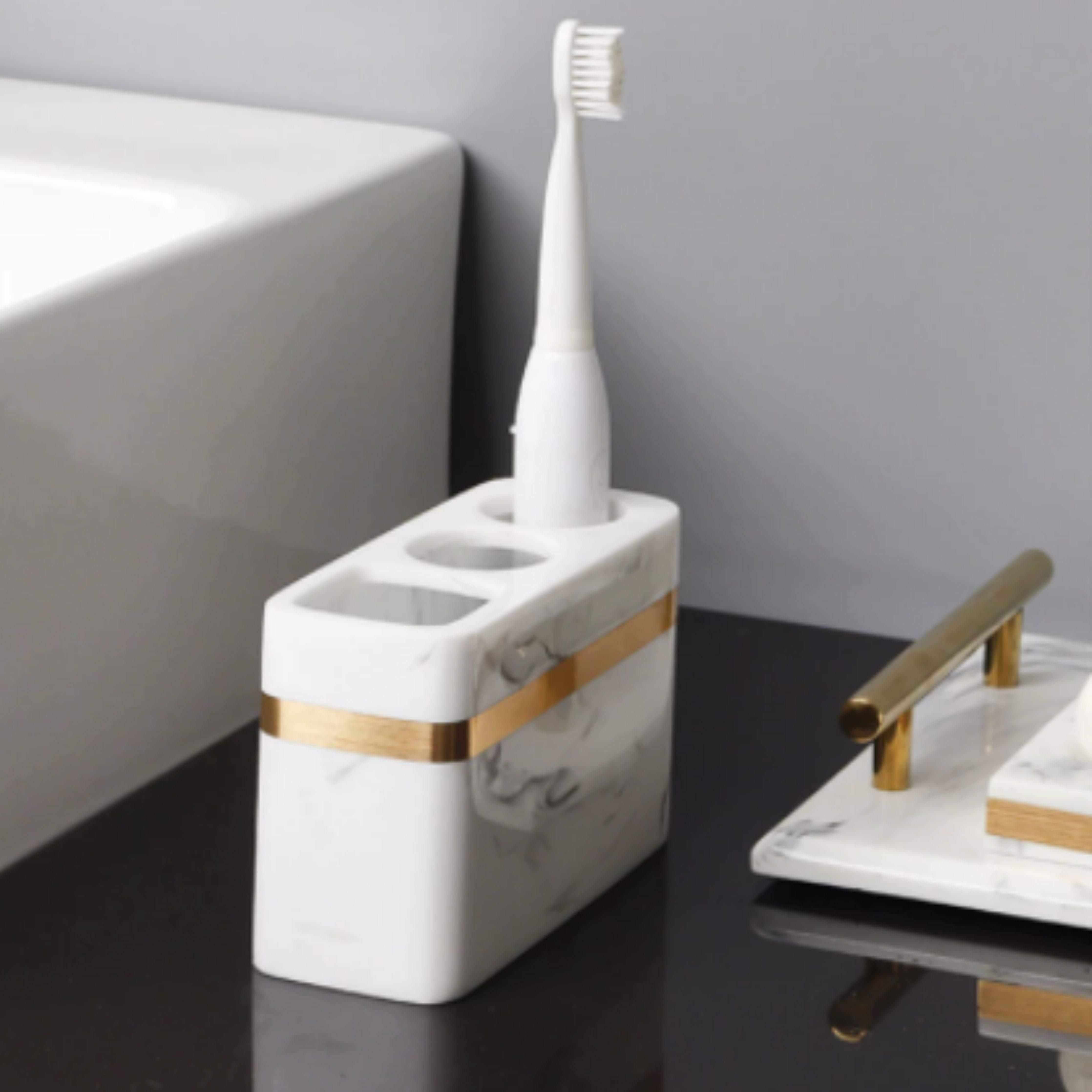 Bathroom Accessory Set – Soap Holder, Toothbrush Holder and More in Stylish White and Gold