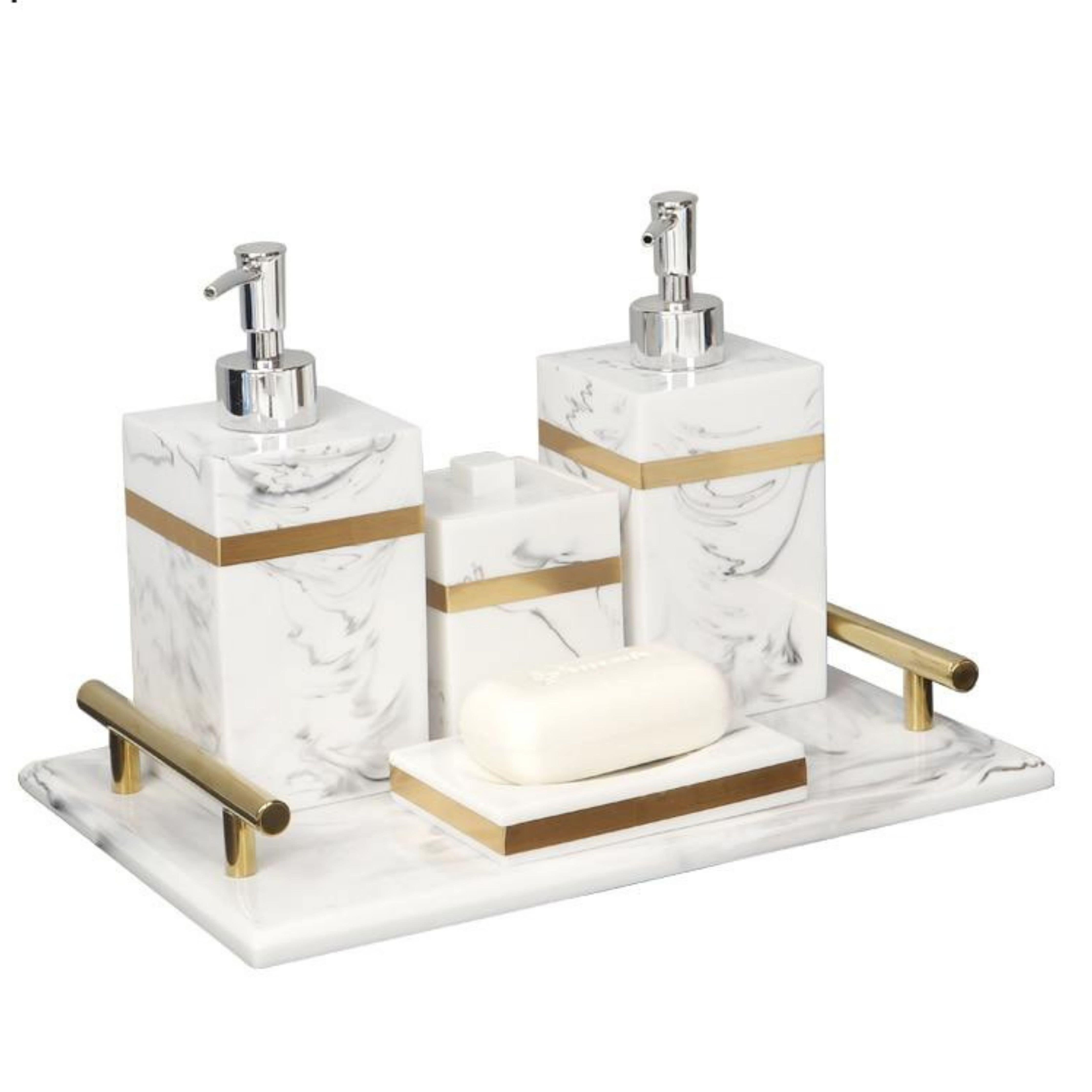 Bathroom Accessory Set – Soap Holder, Toothbrush Holder and More in Stylish White and Gold