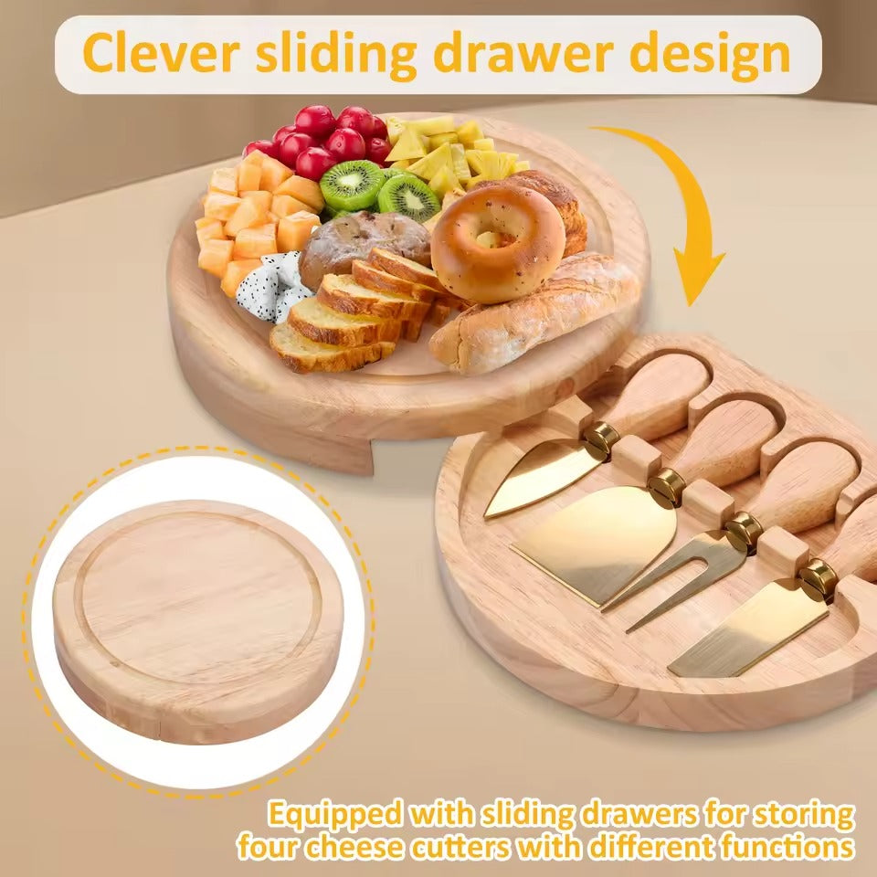 Cheese Board Set - Wood and Stainless Steel - Including Mini Knives and Cheese Fork