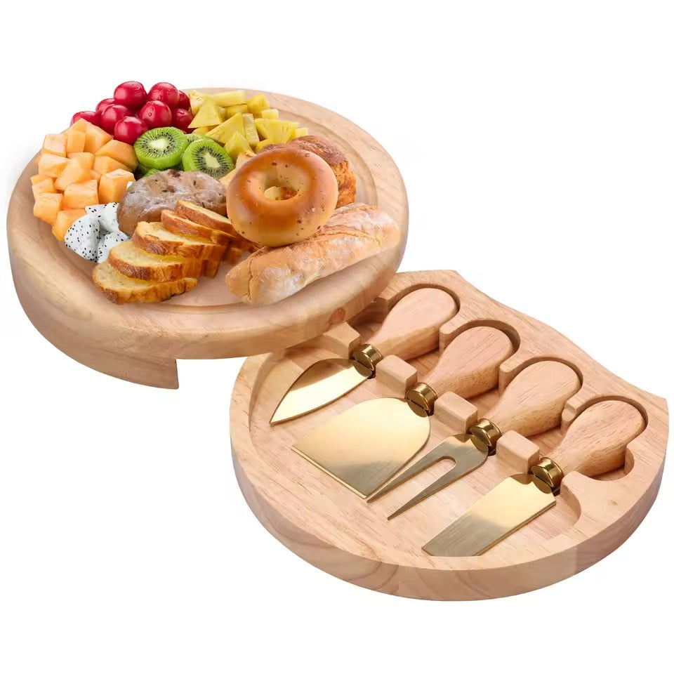 Cheese Board Set - Wood and Stainless Steel - Including Mini Knives and Cheese Fork