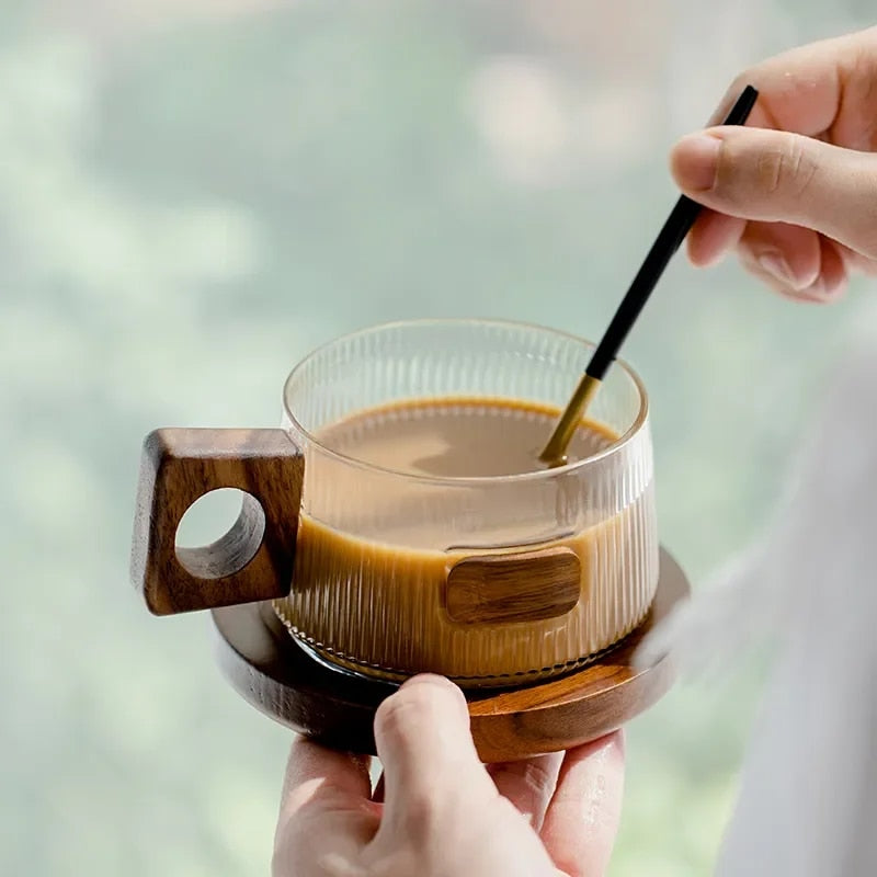 Norwegian Glass Coffee Cup Set with Wooden Handles