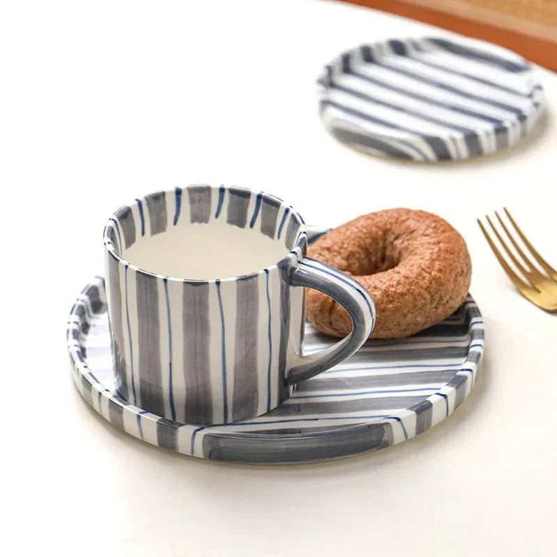 Handmade Ceramic Mug and Saucer Set - Striped Design - 200 ml Capacity