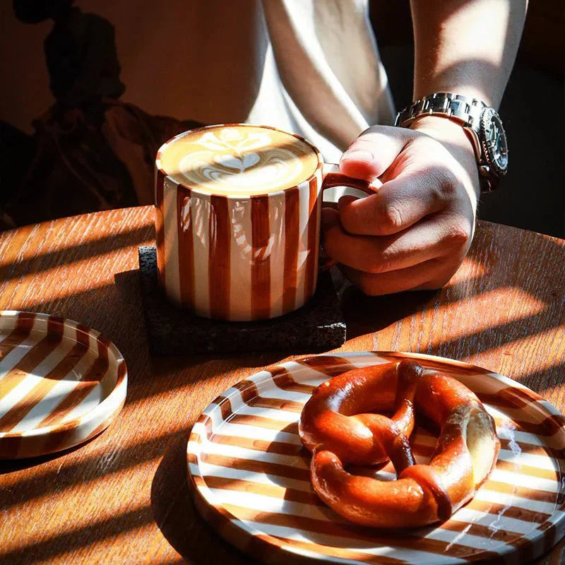 Handmade Ceramic Mug and Saucer Set - Striped Design - 200 ml Capacity