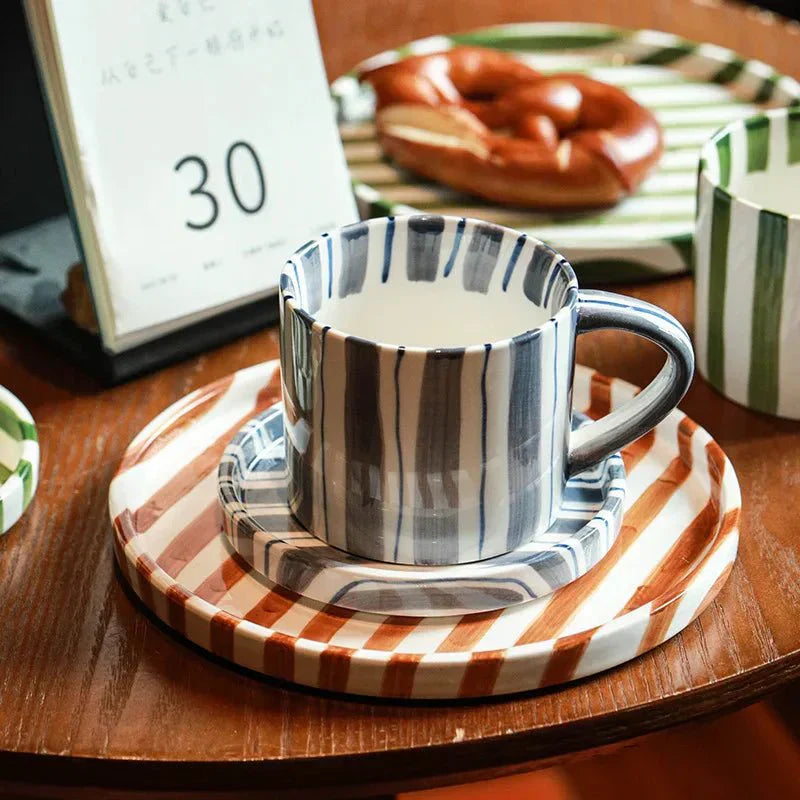 Handmade Ceramic Mug and Saucer Set - Striped Design - 200 ml Capacity