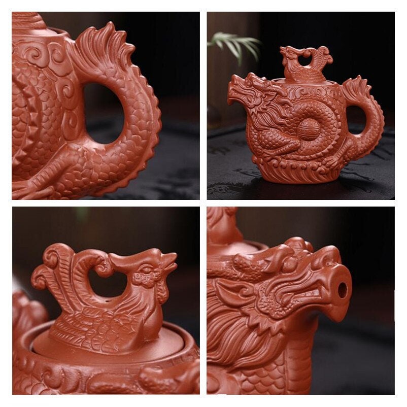 Purple Clay Tea Set with Dragon and Phoenix - Includes Large and Small Teapot