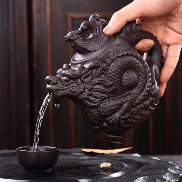 Purple Clay Tea Set with Dragon and Phoenix - Includes Large and Small Teapot