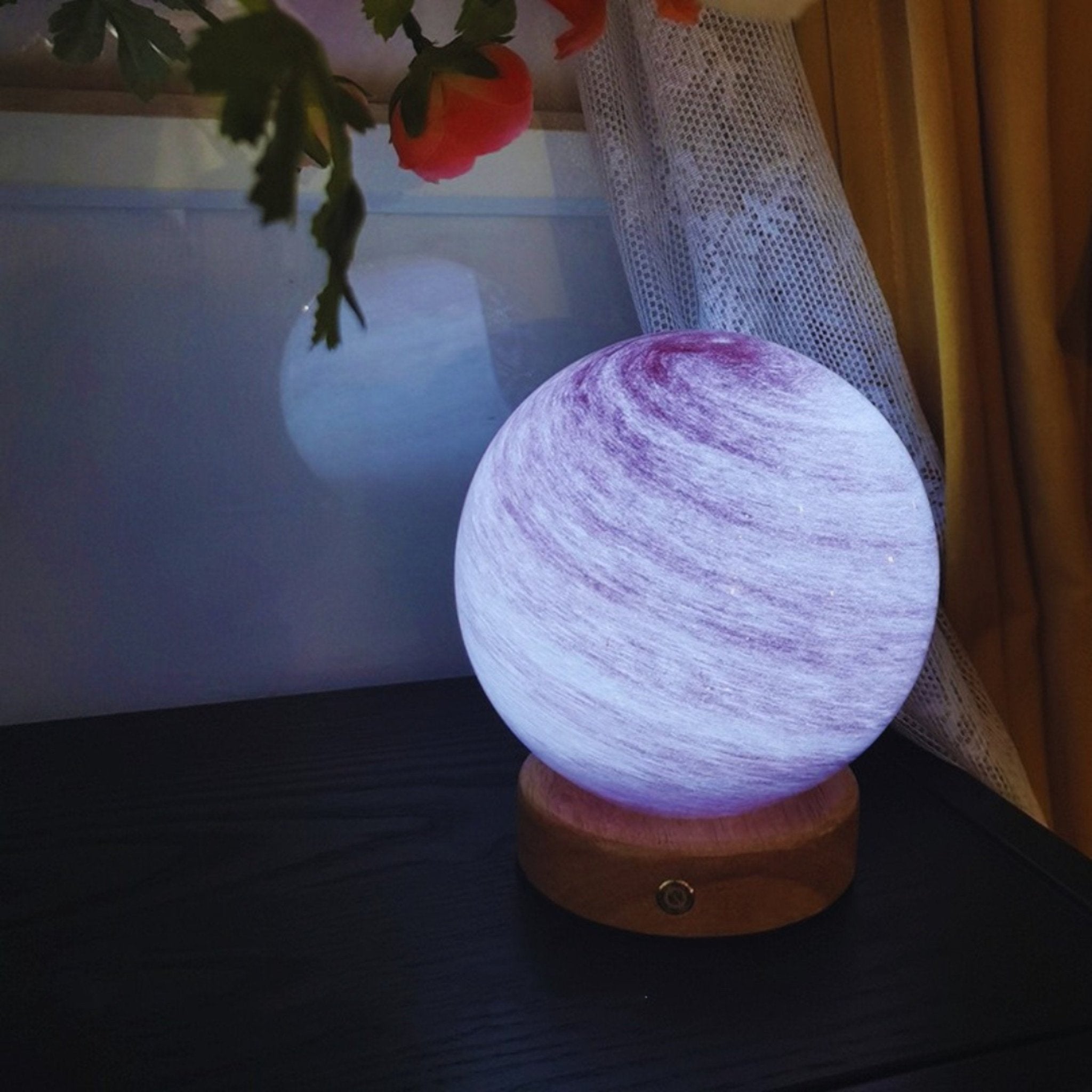 Glowing Jupiter Lamp with Wooden Base - 3 Light Settings and Rechargeable