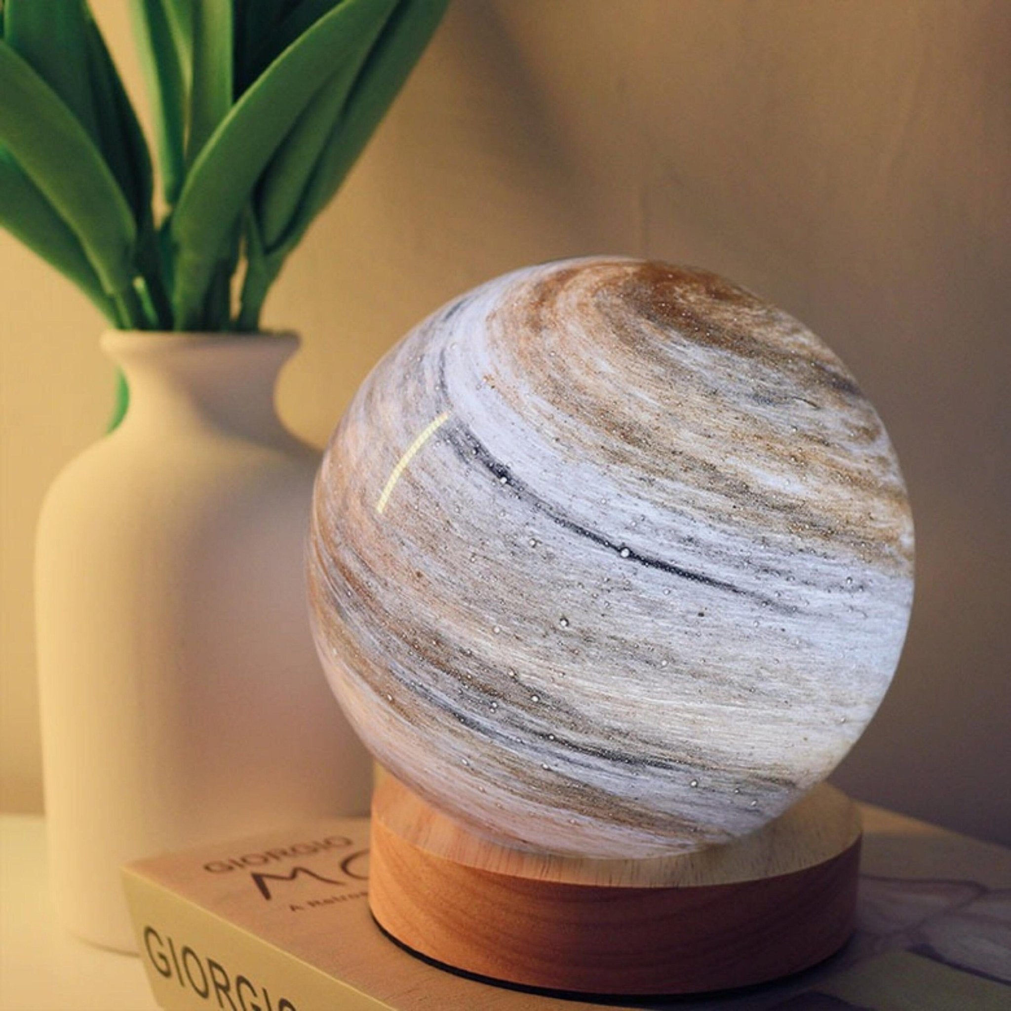 Glowing Jupiter Lamp with Wooden Base - 3 Light Settings and Rechargeable