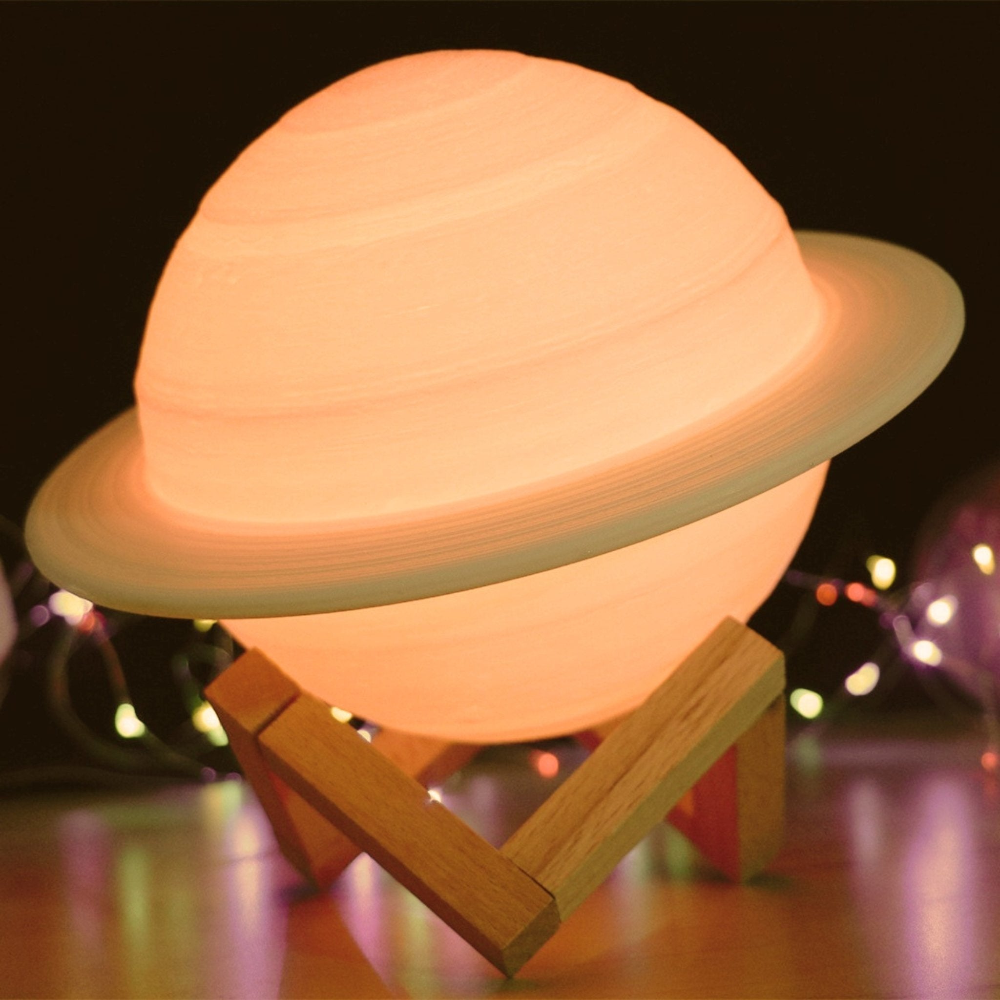 Children's Night Light with Saturn Design – Wooden Base and 3 Light Colours