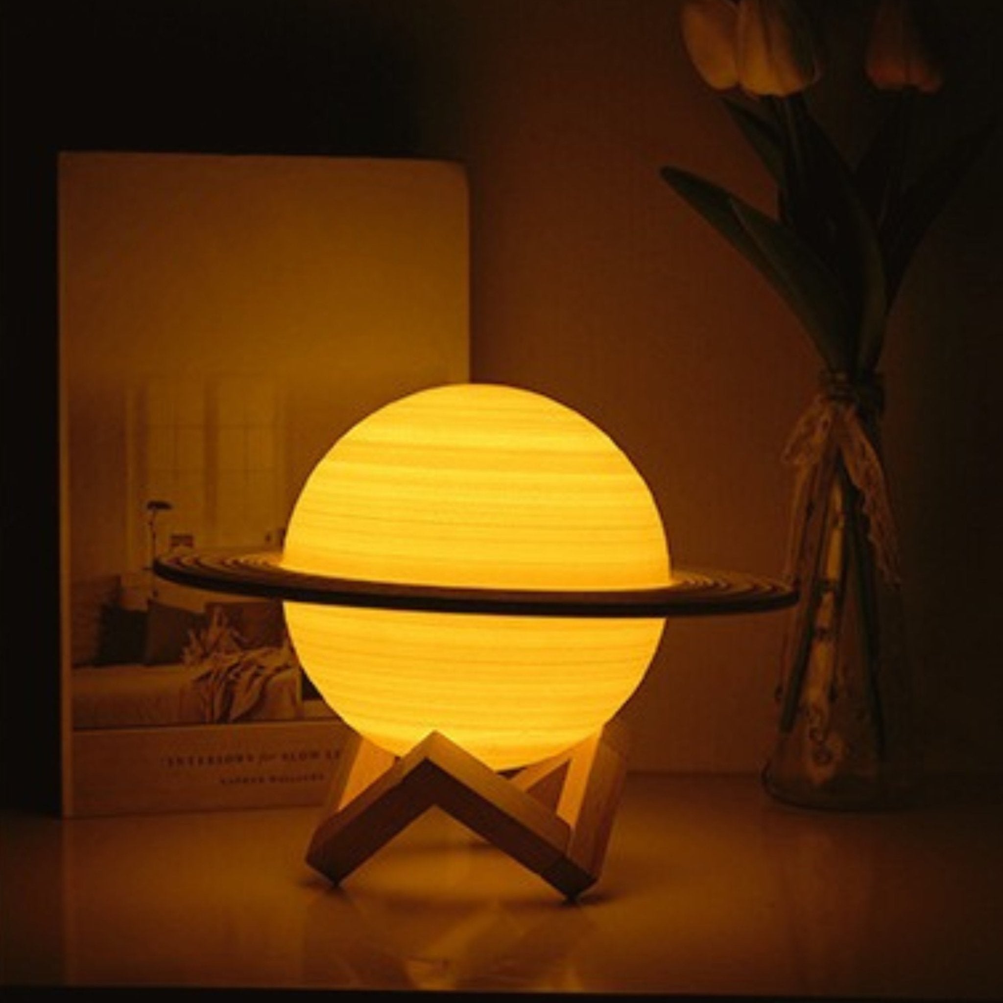 Children's Night Light with Saturn Design – Wooden Base and 3 Light Colours