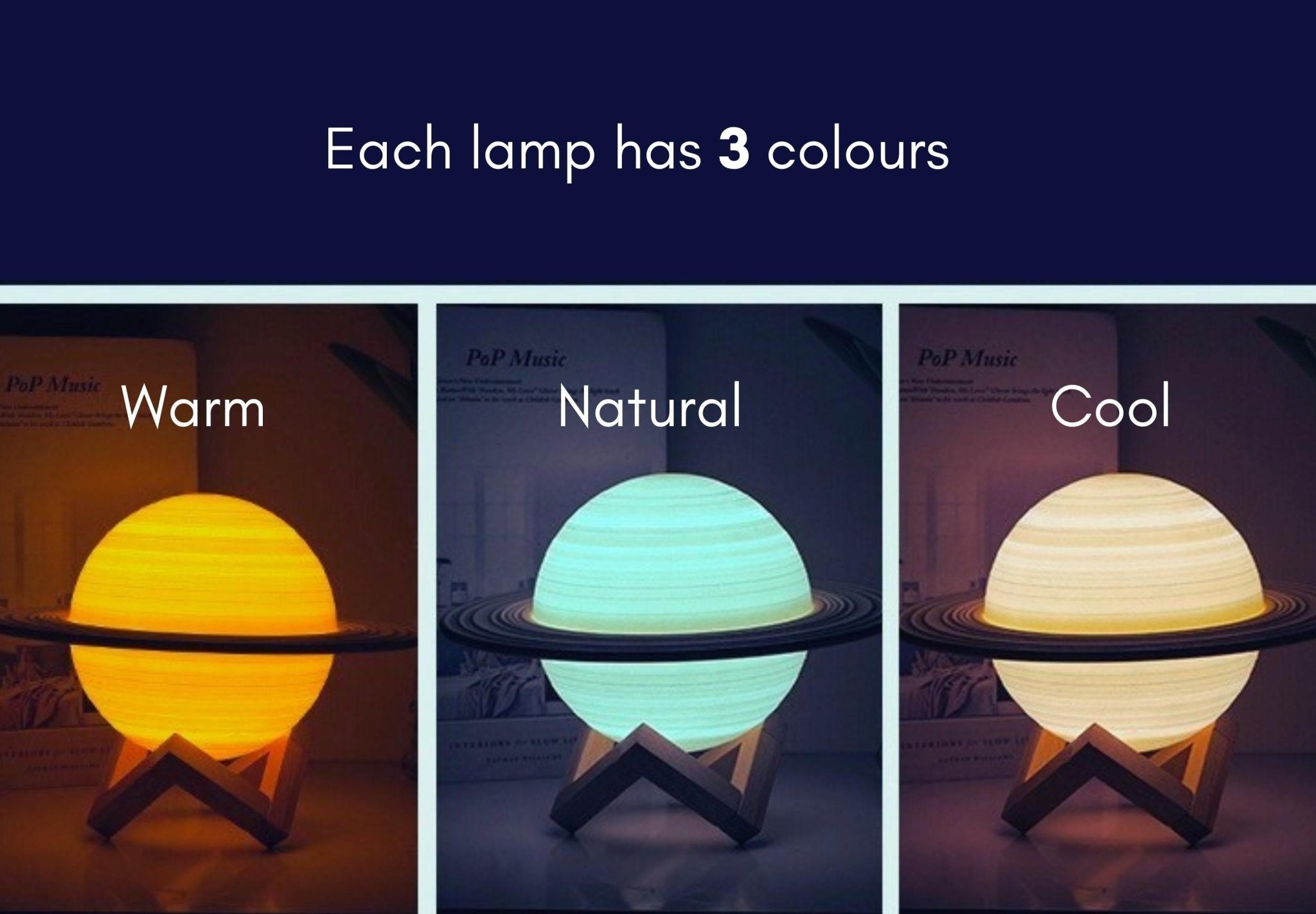 Children's Night Light with Saturn Design – Wooden Base and 3 Light Colours