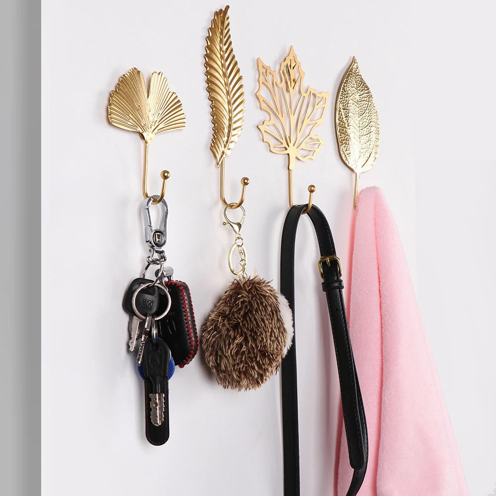 Golden Leaf Wall Hook - Stylish Metal Design for Keys and Accessories