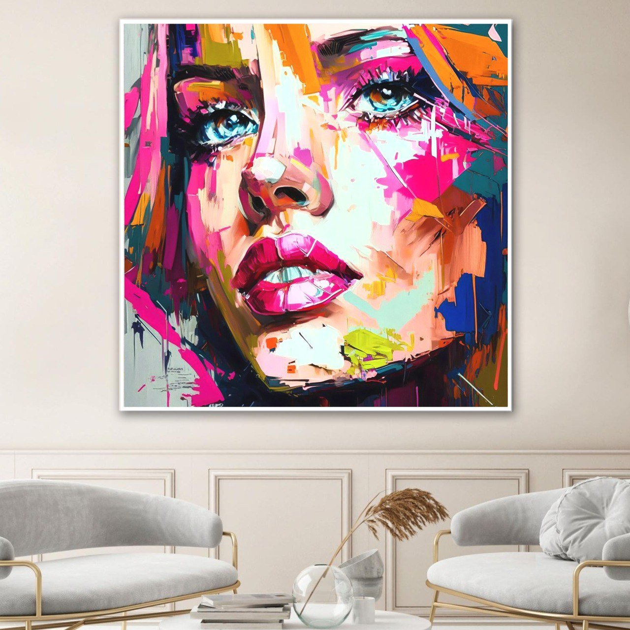 Abstract painting on canvas – colourful design with wooden frame