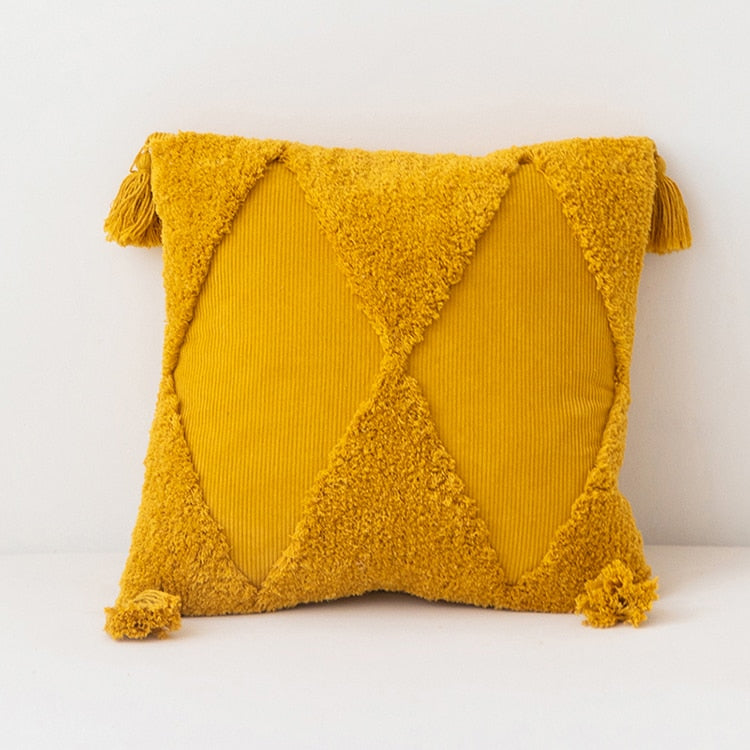 Woven Cotton Corduroy Cushion Cover - Geometric Design with Tassels