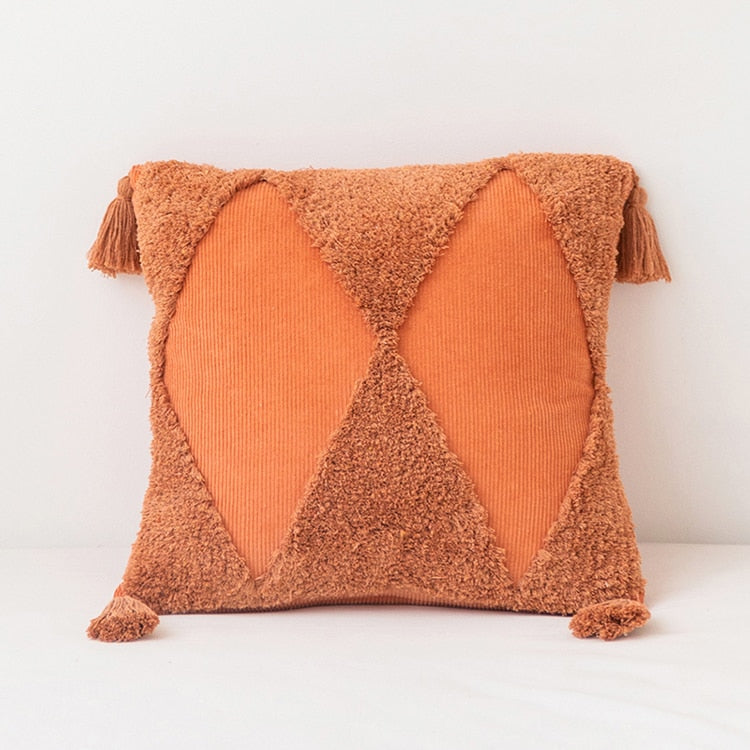 Woven Cotton Corduroy Cushion Cover - Geometric Design with Tassels