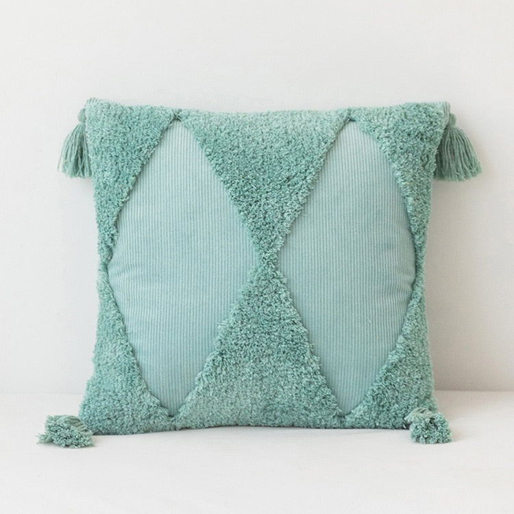 Woven Cotton Corduroy Cushion Cover - Geometric Design with Tassels