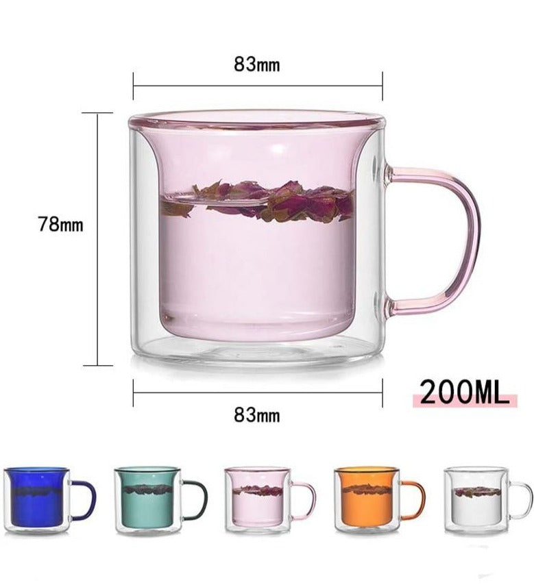 Coloured Double-Walled Glass Mug - Stylish and Heat-Resistant Design