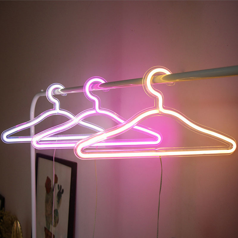 Neon LED Clothes Hanger with USB - Illuminated Storage in White, Yellow and Pink