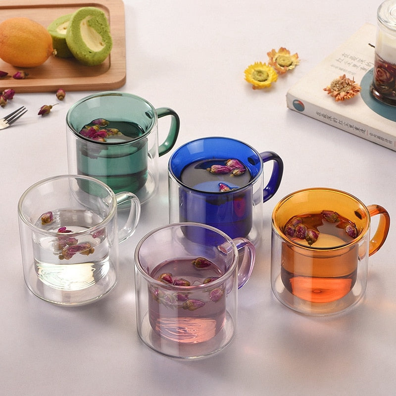 Coloured Double-Walled Glass Mug - Stylish and Heat-Resistant Design