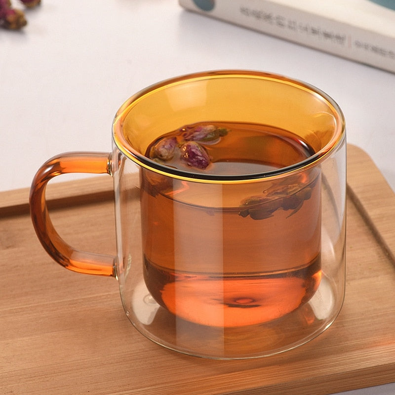 Coloured Double-Walled Glass Mug - Stylish and Heat-Resistant Design