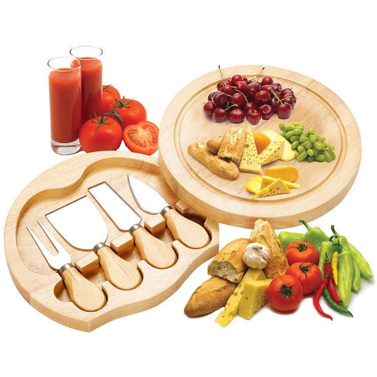 Cheese Board Set - Wood and Stainless Steel - Including Mini Knives and Cheese Fork